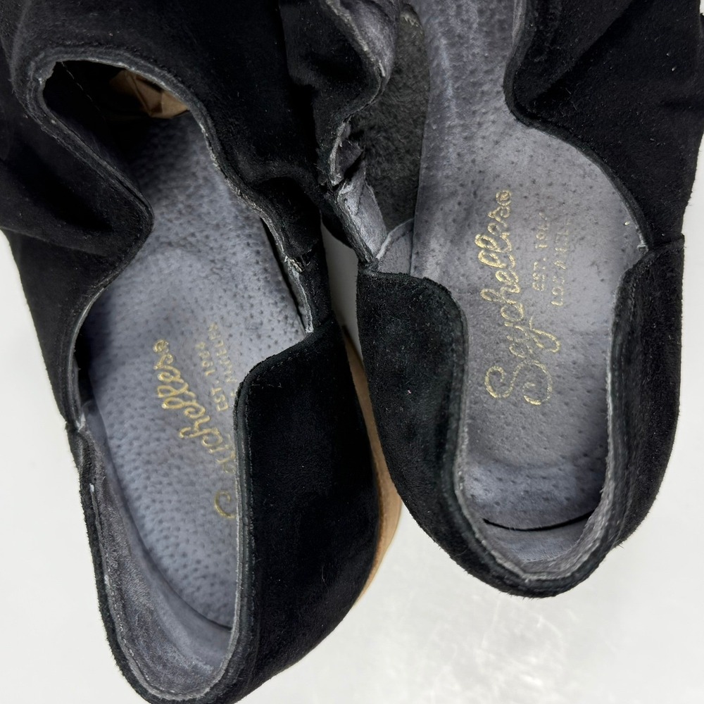 Seychelles Ruffle Booties Women 7 Black Suede Leather D'Orsay Tiered Pointed Toe - Picture 9 of 9
